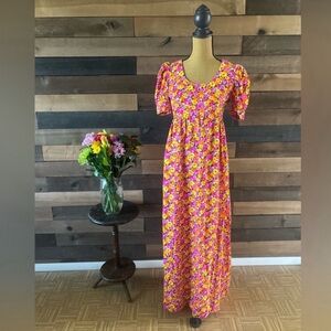 Vintage 1970s Handmade Floral Maxi Dress Puff Sleeve Groovy Retro Cottage